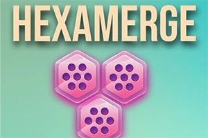 Titlen HEXAMERGE over tre sammenhængende lilla sekskantede brikker på en grøn-blå baggrund
