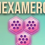 Titlen HEXAMERGE over tre sammenhængende lilla sekskantede brikker på en grøn-blå baggrund