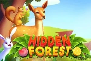 En hjort, en egern og en kanin i en skov med teksten Hidden Forest omgivet af blade og frugter