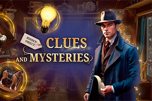 En person iført trench coat og hat, stående i et rum fyldt med gåder og mystik, med en lysende pære og teksten Clues and Mysteries