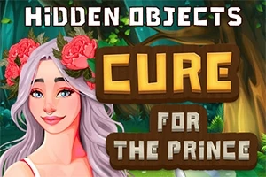 Tegning af en kvinde med gråt hår og rosenkrans, omgiven af skov, med teksten Hidden Objects: Cure for the Prince