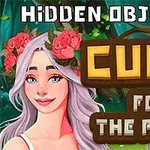 Tegning af en kvinde med gråt hår og rosenkrans, omgiven af skov, med teksten Hidden Objects: Cure for the Prince