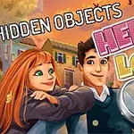 Mand og kvinde smiler foran et farverigt bylandskab med teksten Hidden Objects Hello Love og et forstørrelsesglas