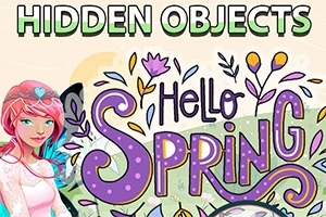 Tegning af en person med pink hår ved siden af teksten Hello Spring med blomsterdekorationer