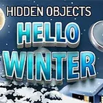 Sneklædt landskab med fuldmåne, vintertræer og et forstørrelsesglas ved siden af teksten Hello Winter