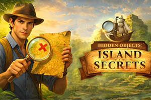 Eventyrer med hat holder et skattekort og lup foran en tropisk ø med skiltet Hidden Objects: Island Secrets