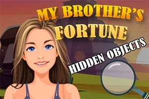 En animeret kvinde foran en landskabsbaggrund med teksten My Brothers Fortune Hidden Objects i gule og hvide bogstaver