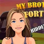 En animeret kvinde foran en landskabsbaggrund med teksten My Brothers Fortune Hidden Objects i gule og hvide bogstaver