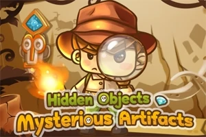 Tegneseriefigur med hat og forstørrelsesglas står foran en mystisk baggrund med tekst Hidden Objects Mysterious Artifacts