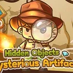 Tegneseriefigur med hat og forstørrelsesglas står foran en mystisk baggrund med tekst Hidden Objects Mysterious Artifacts