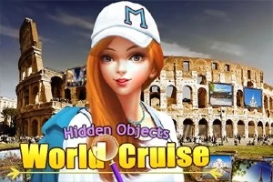 En anime-stil kvindefigur med langt rødt hår og kasket står foran Colosseum med teksten Hidden Objects World Cruise