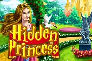 Prinsesse med en krone i en frodig have med en statue, en hvid due, en hjort og et slot i baggrunden
