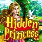 Prinsesse med en krone i en frodig have med en statue, en hvid due, en hjort og et slot i baggrunden