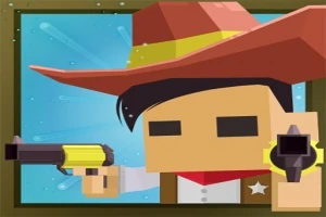 En firkantet karakter med cowboyhat og en revolver i hånden