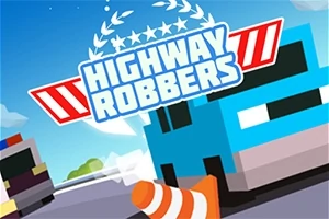 To biler på en motorvej med en orange kegle, og teksten HIGHWAY ROBBERS øverst i billedet