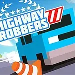 To biler på en motorvej med en orange kegle, og teksten HIGHWAY ROBBERS øverst i billedet