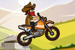 Mand med cowboyhat kører på en orange motorcykel over en bakke i et tegnet landskab