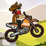 Mand med cowboyhat kører på en orange motorcykel over en bakke i et tegnet landskab