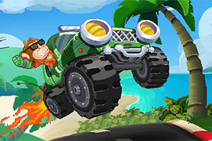 En abe med solbriller kører en grøn monstertruck, der laver et hoppende stunt på en strand med palmer
