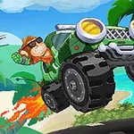 En abe med solbriller kører en grøn monstertruck, der laver et hoppende stunt på en strand med palmer