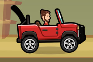 En animeret person kører i en rød jeep med sort interiør