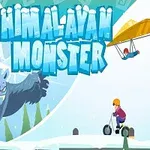En stor, vred sne-monster ved siden af en person på et køretøj, med en hangglider i baggrunden