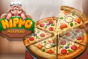 En pizza med forskellige toppings skåret i skiver, ved siden af en illustration af en flodhest iført kokkehue og teksten Hippo Pizza Chef