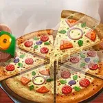 En pizza med forskellige toppings skåret i skiver, ved siden af en illustration af en flodhest iført kokkehue og teksten Hippo Pizza Chef