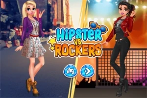 To figurer står ved siden af hinanden, en i hipstertøj og en i rockertøj, med teksten Hipster vs Rockers i midten