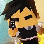 En pixel-karakter med sort hår og pistol, der springer gennem en bybaggrund med flammer omkring sig