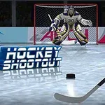 En ishockeyspiller forbereder et skud mod målmanden i en ishockeyarena med Hockey Shootout tekst og en play-knap synlig på isen