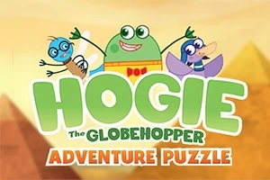 Tegnet billede af tre glade figurer over teksten Hogie the Globehopper Adventure Puzzle med en farverig baggrund