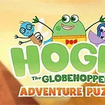 Tegnet billede af tre glade figurer over teksten Hogie the Globehopper Adventure Puzzle med en farverig baggrund