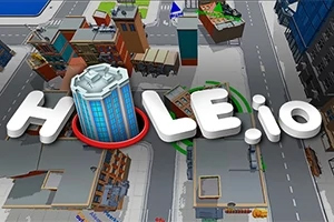Hole.io Tredimensionelt bymiljø med bygninger og veje, der er omformet og et stort tårn midt i teksten Hole