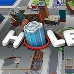 Hole.io Tredimensionelt bymiljø med bygninger og veje, der er omformet og et stort tårn midt i teksten Hole