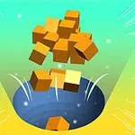 Orange og gule kuber falder ned i et blåt hul mod en gradient baggrund