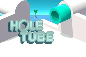 Teksten Hole Tube i 3D-stil foran en kugleformet struktur med rør og en ensom palme på en ø i baggrunden