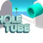 Teksten Hole Tube i 3D-stil foran en kugleformet struktur med rør og en ensom palme på en ø i baggrunden