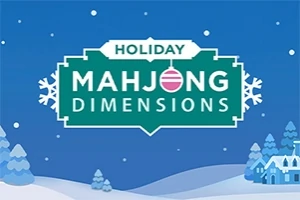 Tekst med Holiday Mahjong Dimensions i et vinterlandskab med sne og små huse