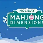 Tekst med Holiday Mahjong Dimensions i et vinterlandskab med sne og små huse