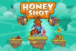 Honey Shot En tegneseriebjørn i rumdragt står på en svævende platform mellem to store bier og honningdråber, med en turkis baggrund