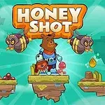Honey Shot En tegneseriebjørn i rumdragt står på en svævende platform mellem to store bier og honningdråber, med en turkis baggrund