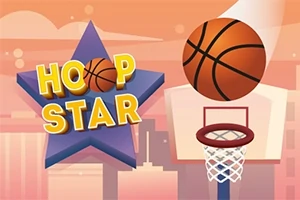 Basketball over en plastholder målkurv ved siden af en stjerneformet illustration med teksten Hoop Star på en orange baggrund