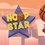 Basketball over en plastholder målkurv ved siden af en stjerneformet illustration med teksten Hoop Star på en orange baggrund