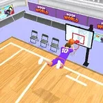 En animeret basketballspiller iført en lilla trøje springer gennem luften for at dunke bolden i kurven på en basketballbane indendørs