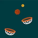 En tegning af en basketball og to kurve på en mørk baggrund med en mønt øverst