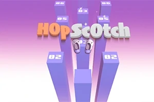 Farvede søjler med tal og bogstaver, der danner ordet HopScotch, mod en lys lilla baggrund