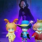 Tre chibi-figurer i farverige kostumer foran en mørk, skyggefuld menneskelignende skikkelse