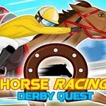 En jockey i gul trøje rider på en brun hest med et farverigt logo i forgrunden