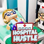 To figurer i cartoon-stil, en patient liggende på en hospitalsseng og en sygeplejerske ved siden af, med teksten Hospital Hustle foran
